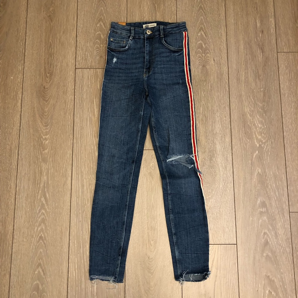 ZARA Skinny Distressed Blue Jeans with Red Stripes